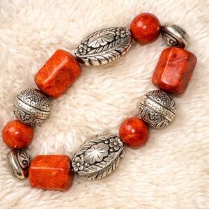 Elegant Silver and Earthy red-orange tone Beaded Bracelet